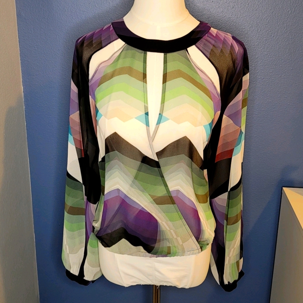 Bebe Sheer Criss-Cross Multicolor Blouse